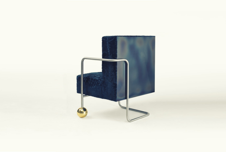 Armchair in Astrakhan, brass, chromed steel, heat blued steel | Human Heritage