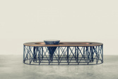 Coffe table, European walnut, black patina metal and marble | Human Heritage