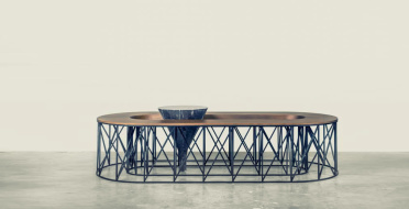 Coffe table, European walnut, black patina metal and marble | Human Heritage