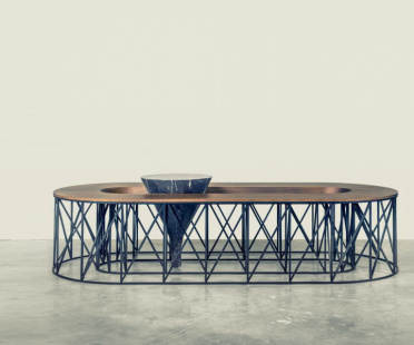 Coffe table, European walnut, black patina metal and marble | Human Heritage