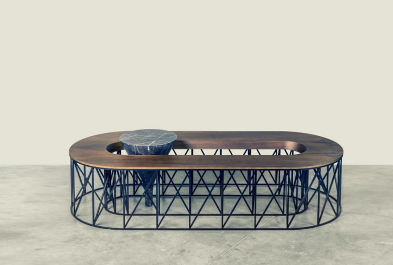 Coffe table, European walnut, black patina metal and marble | Human Heritage