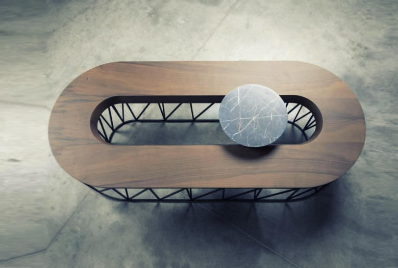 Coffe table, European walnut, black patina metal and marble | Human Heritage