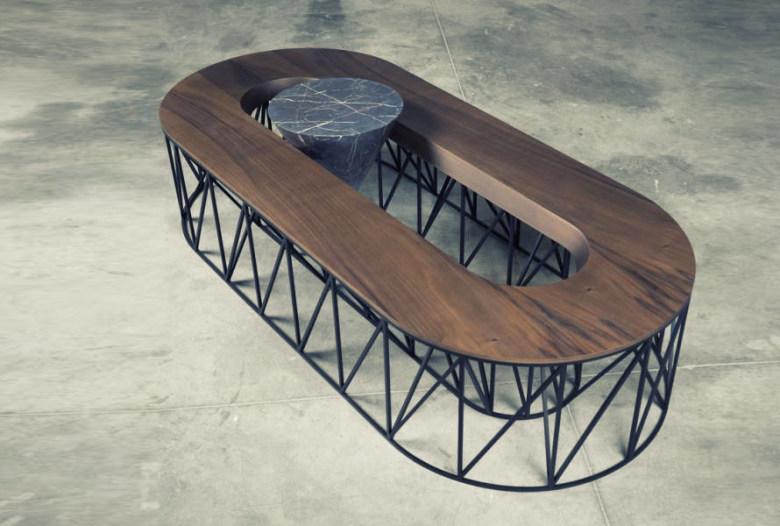 Coffe table, European walnut, black patina metal and marble | Human Heritage