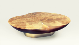 Coffe table, Apple-shaped, burr european olive ash, lacquered fiberglass | Human Heritage