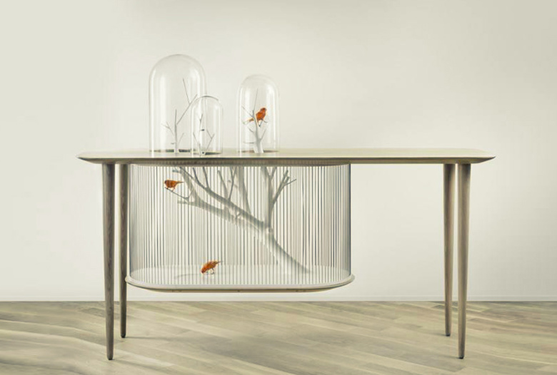 Console "Birdcage", bleached oak, stainless steel cables, glass | Human Heritage