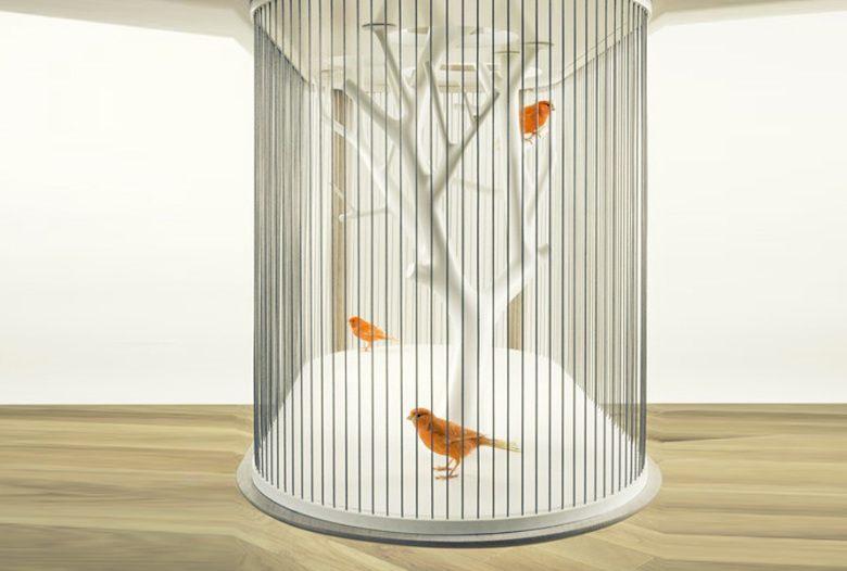 Console "Birdcage", bleached oak, stainless steel cables, glass | Human Heritage