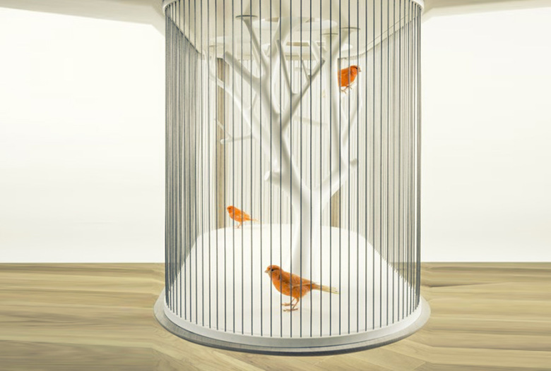 Console "Cage à oiseaux" en chêne massif, tubes acier, résines, laque, câbles inox, verre | Human Heritage